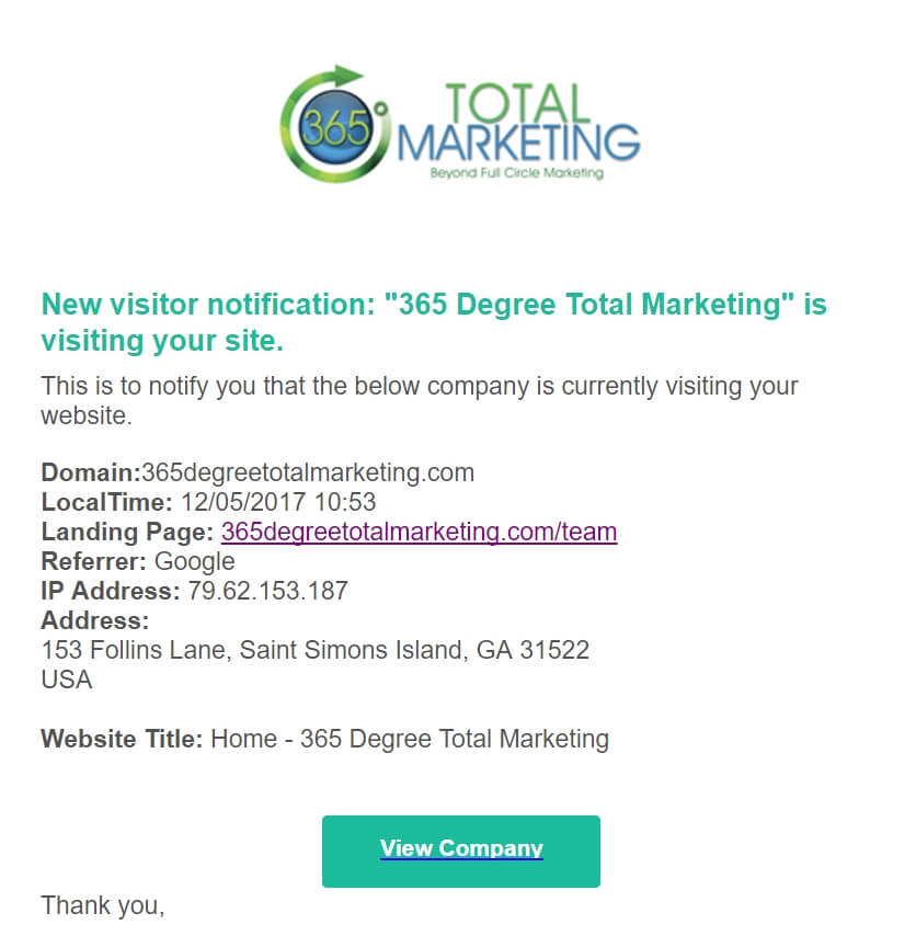 Lead generation notification by 365 Degree Total Marketing